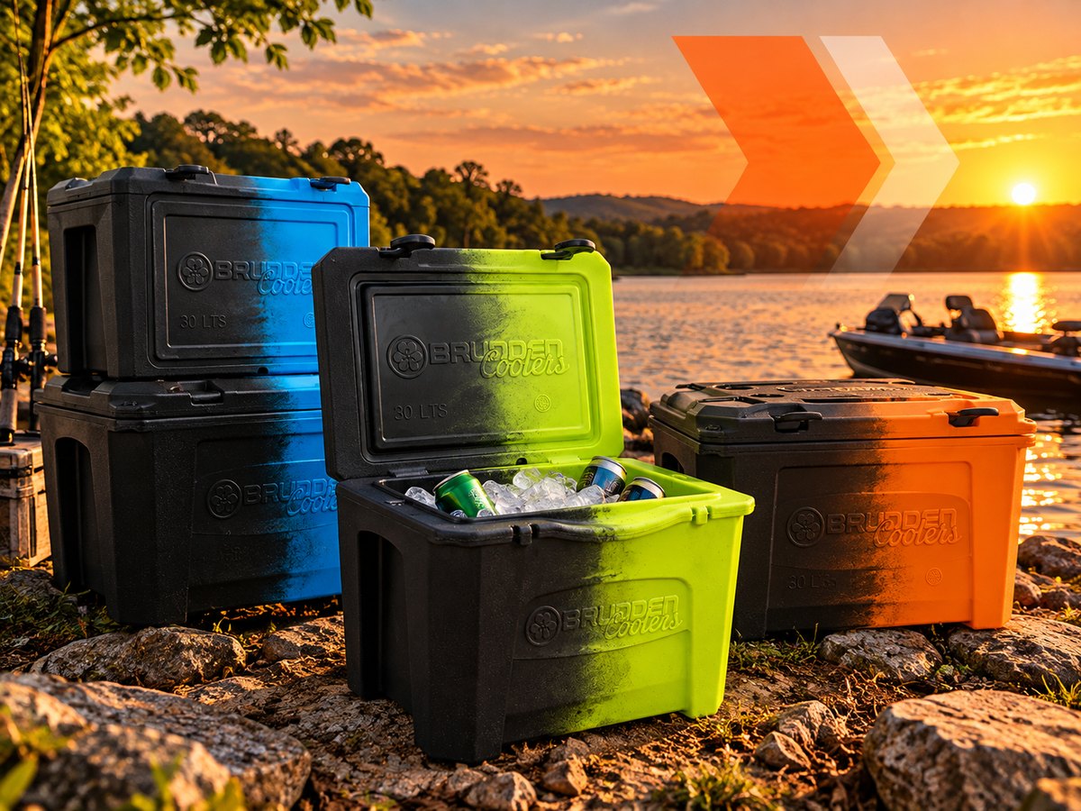 Coolers rígidos cheios de gelo e bebidas na margem de um lago, com varas de pesca e barco ao fundo